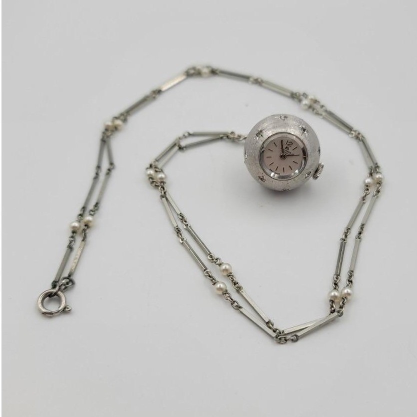 Vintage Bucherer Swiss Orb Pendant Watch Pearl Bar Link Chain Silver Tone Star